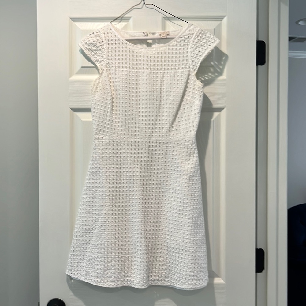 White eyelet J Crew dress with button closure at back of neck.